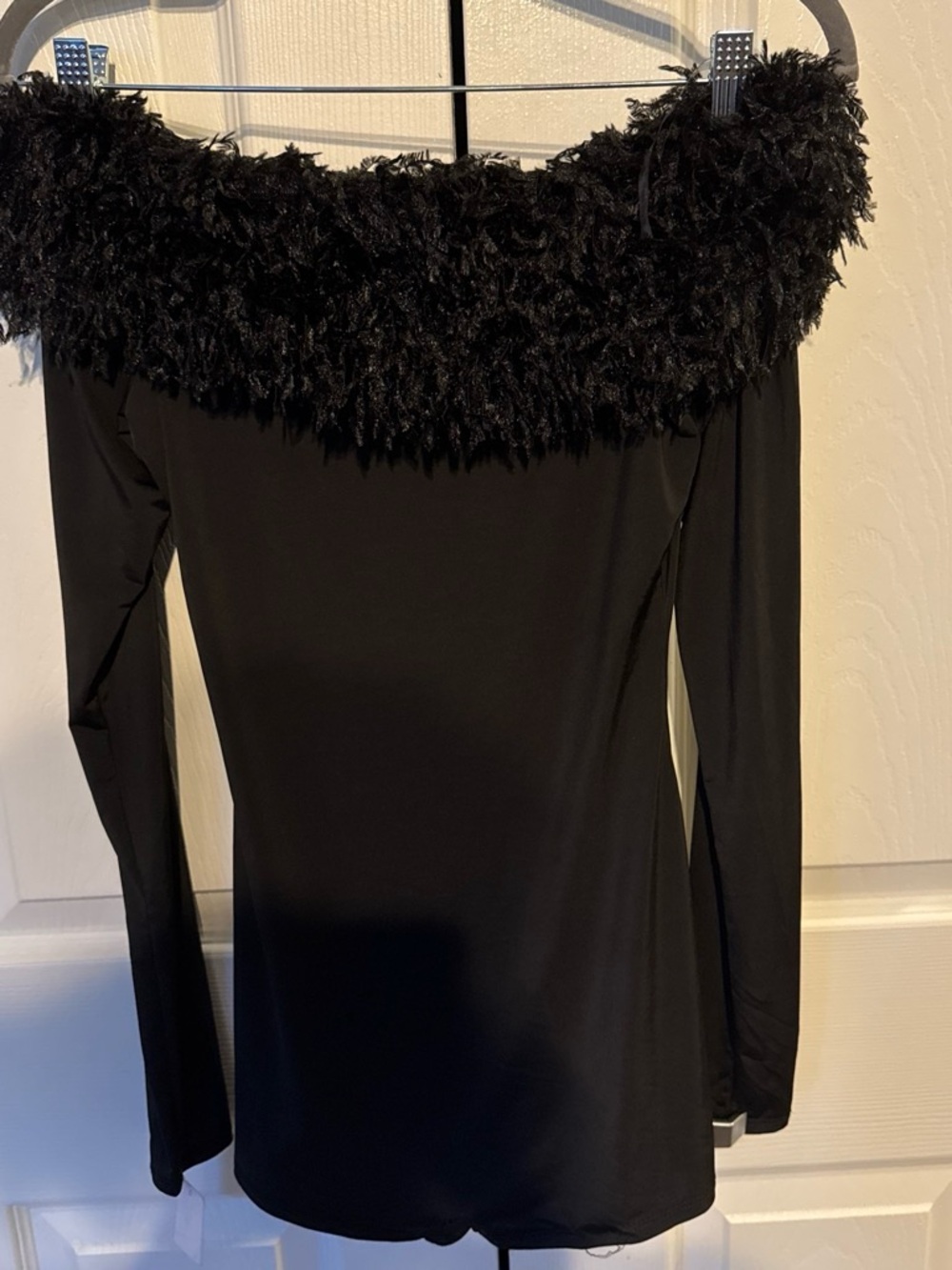 Off-Shoulder Black Fuzzy Trim Women's Sweater